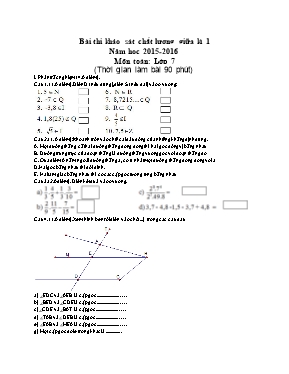 Bài thi khảo sát chất lượng giữa kì 1 Năm học 2015-2016 Môn toán Lớp 7